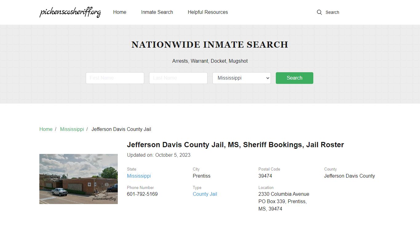 Jefferson Davis County Jail, MS, Sheriff Bookings, Jail Roster